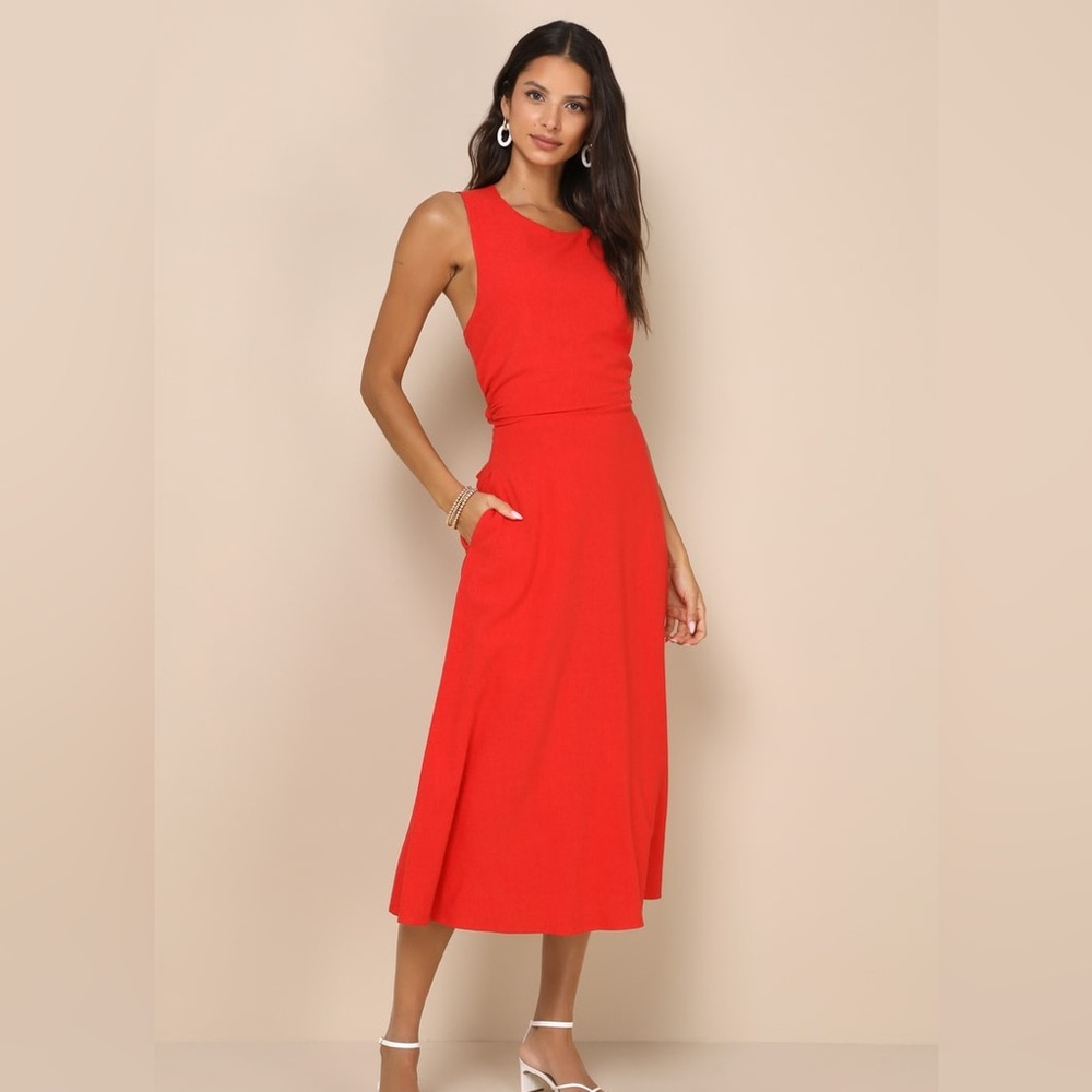 NWT Lulus Sunny Energy Red Lace-Up Midi Dress with Pockets